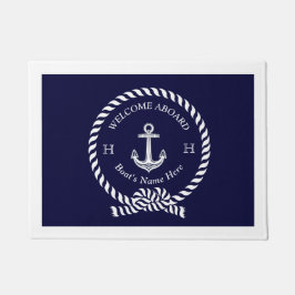 Felpudo Nautical Bote Name Anchor Rope Navy Blue Welcome