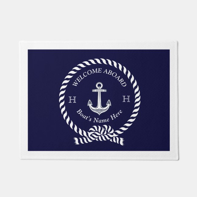Felpudo Nautical Bote Name Anchor Rope Navy Blue Welcome (Anverso)