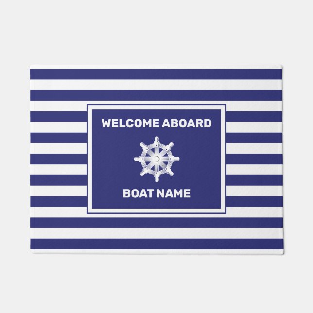 Felpudo Nautical Bote Name Navy Blue Stried Design Doorma (Anverso)