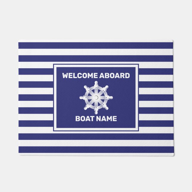 Felpudo Nautical Bote Name Navy Blue Stried Door Mat (Anverso)