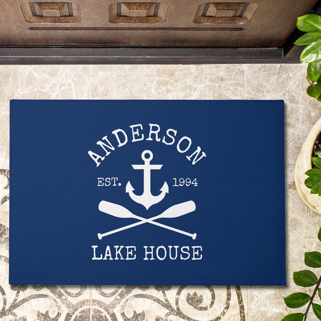 Felpudo Nautical Lake House Family Anchor Oars Naval Azul (Customize to change text size, text style or background color.)