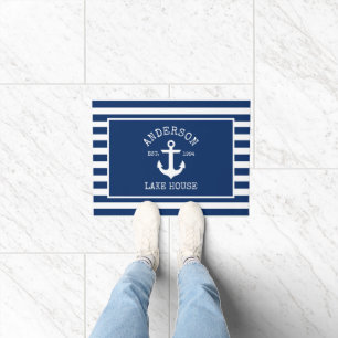 Felpudo Nautical Lake House Navy Anclaje a rayas azules