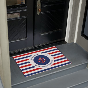 Felpudo Nautical Marine Navy Blue Red White Stripes