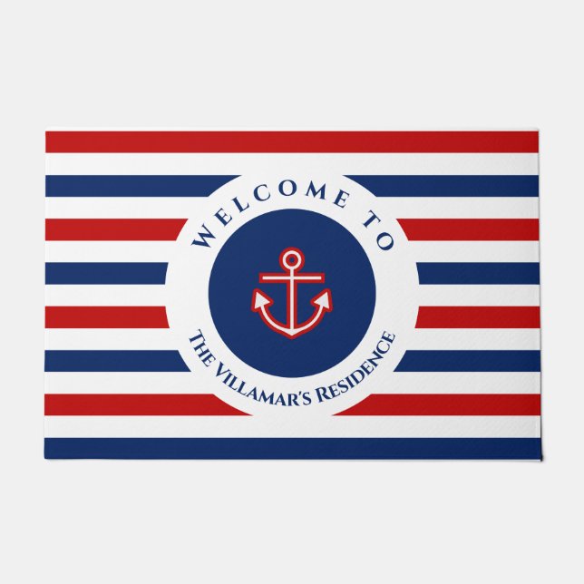 Felpudo Nautical Marine Navy Blue Red White Stripes (Anverso)