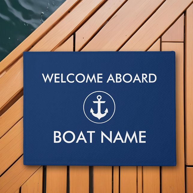 Felpudo Nautical Naval Azul Bienvenida Barco Nombre Puerta (Customize to change text size, text style or background color.)