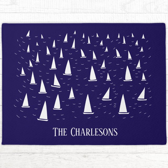 Felpudo Nautical Naval Blue (Personalized family name sailing boat yacht regatta navy blue doormat for boat, beach or lake house)