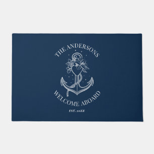 Felpudo Nautical Naval Blue Anchor Welcome Aboard (Bienven