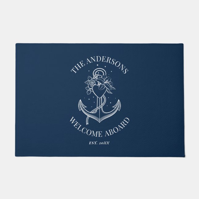 Felpudo Nautical Naval Blue Anchor Welcome Aboard (Bienven (Anverso)