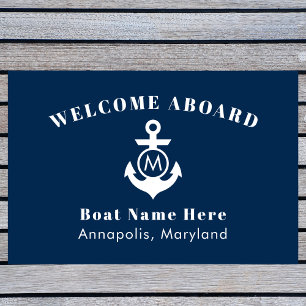 Felpudo Nautical Naval Blue Anchor Welcome Aboard (Bienven
