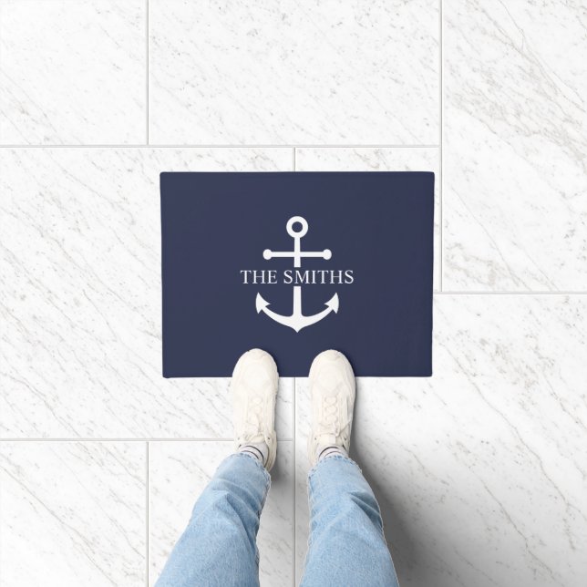 Felpudo Nautical Navy Blue Anchor Nombre de familia person (Interior)