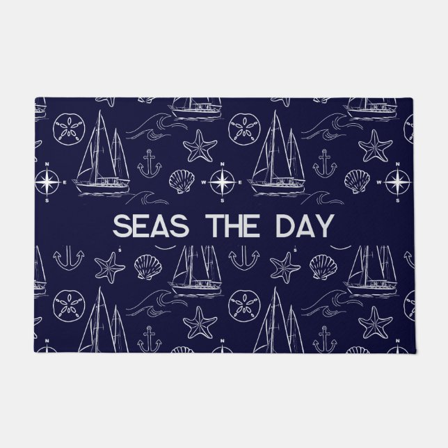 Felpudo Nautical Navy Blue Sailboat Pattern (Anverso)