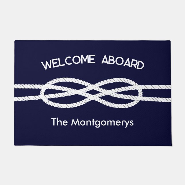 Felpudo Nautical Navy Blue White Rope Welcome Aboard (Anverso)