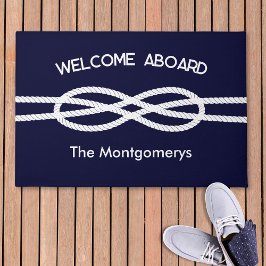 Felpudo Nautical Navy Blue White Rope Welcome Aboard