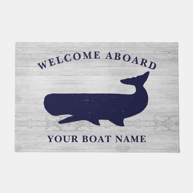 Felpudo Nautical Navy Blue White Welcome Aboard Nombre del (Anverso)