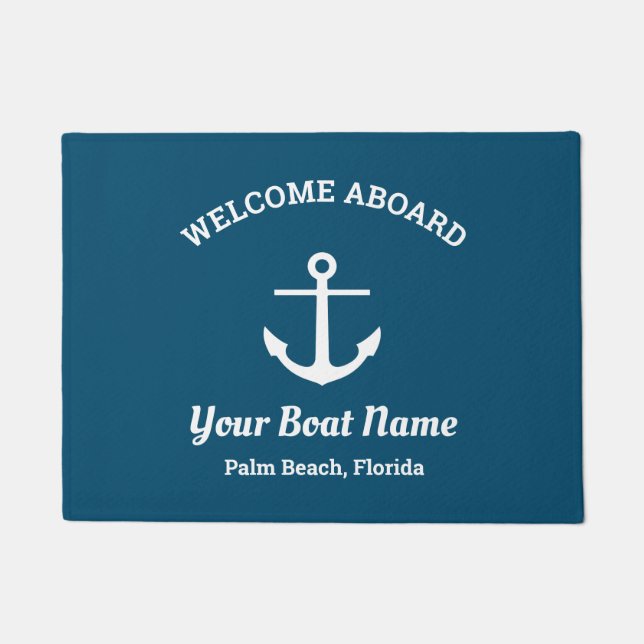 Felpudo Nautical Ocean Blue Personalizado Anchor de nombre (Anverso)