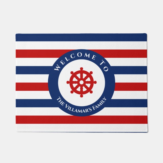 Felpudo Nautical Rudder Navy Blue Red White Stripes (Anverso)