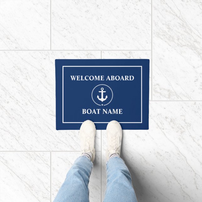 Felpudo Nautical Welcome Anchor Rope Bote Nombre Azul (Interior)