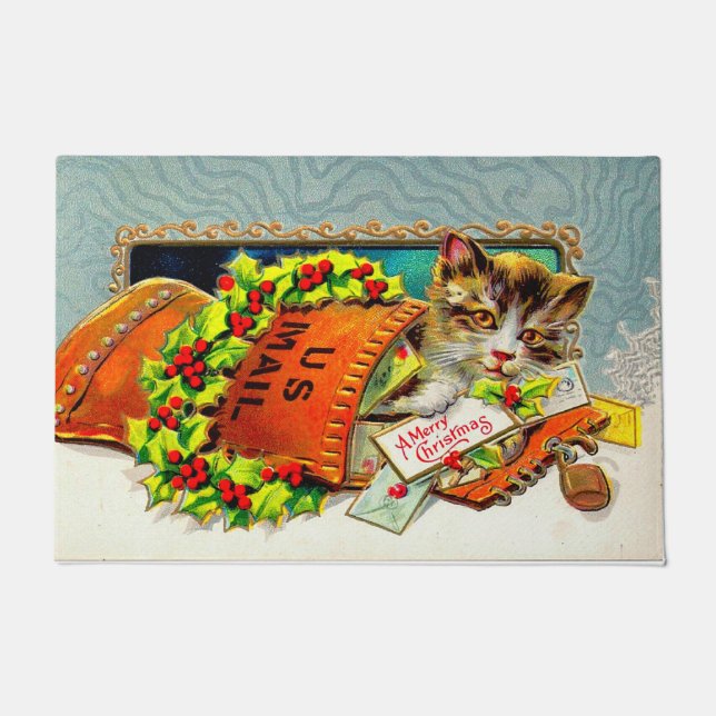 Felpudo Navidad de merry de gato vintage (Anverso)