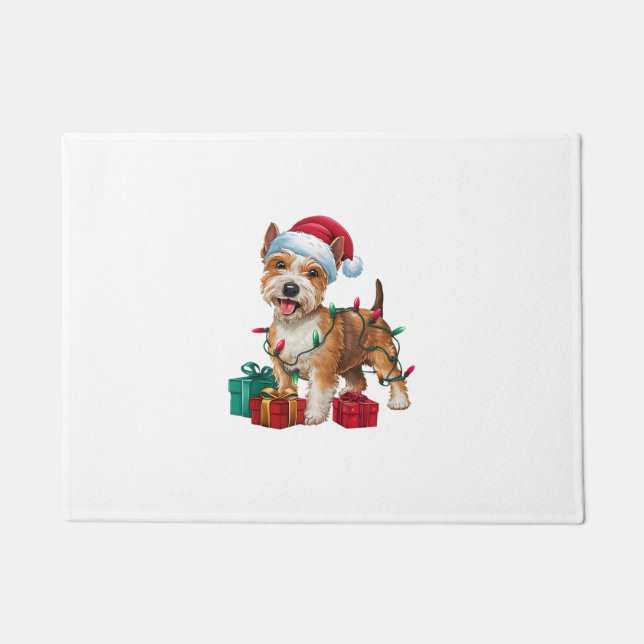 Felpudo Navidad Iluminando a Santa Hat Lakeland Terrier Do (Anverso)