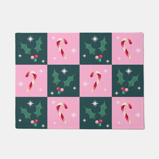 Felpudo Navidad Ivy, Candy Cane con tablero de ajedrez (Anverso)
