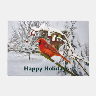 Felpudo Navidad, pájaro cardinal rojo y nieve