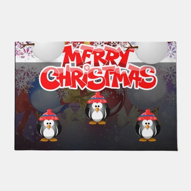 Felpudo Navidad Puerta Mat, Feliz Pingüino de Navidad (Anverso)