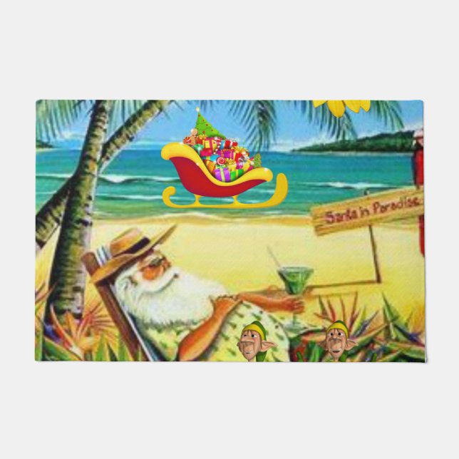 Felpudo Navidad Puerta Mat, Summer Beach Bum Santa (Anverso)