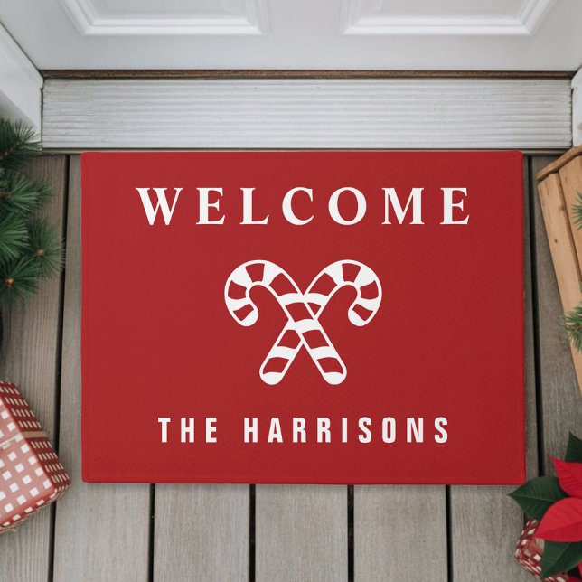 Felpudo Navidad Roja Personalizada Caña de Caramelo (Personalized Candy Cane Red Christmas Doormat
)