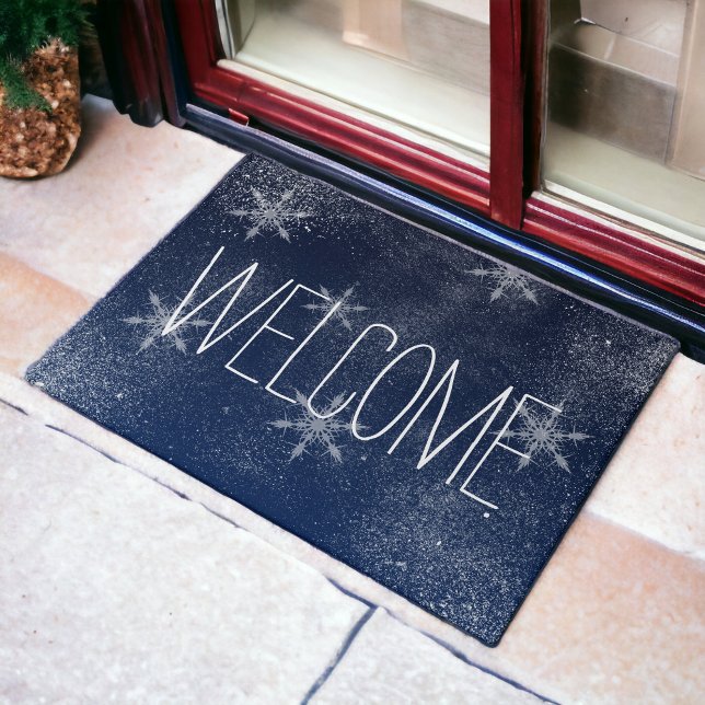 Felpudo Navidades azul marino de la marina de nieve con co (Winter snowflake snow navy blue Christmas Doormat)