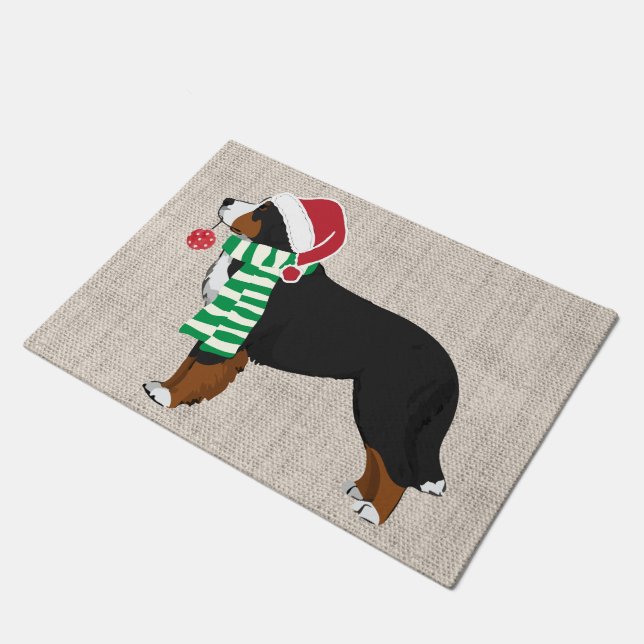 Felpudo Navidades Bernese Mountain Dog Burlap (Angular)