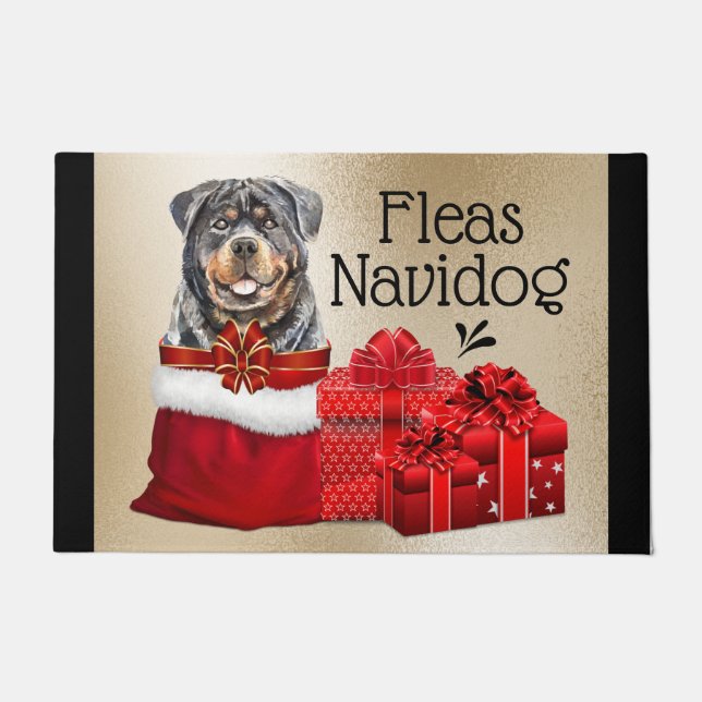 Felpudo Navidades curiosos de Rottweiler se lanzan como re (Anverso)