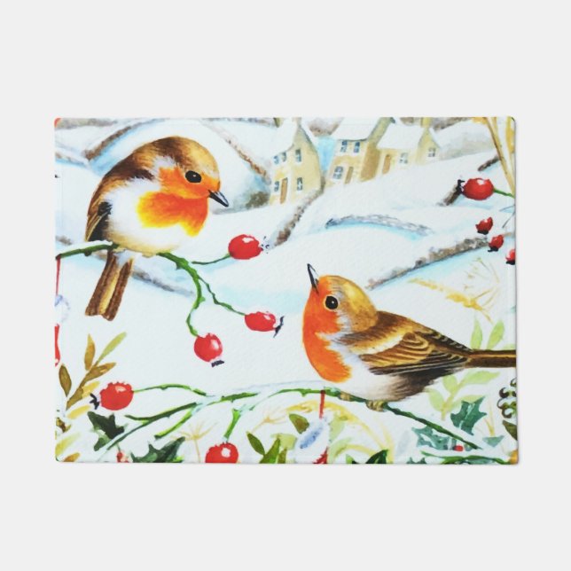 Felpudo Navidades de Bird Robin Couple Winter Holly (Anverso)