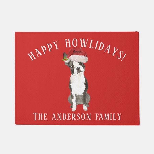 Felpudo Navidades de Boston Terrier Dog Happy Howlidays (Anverso)