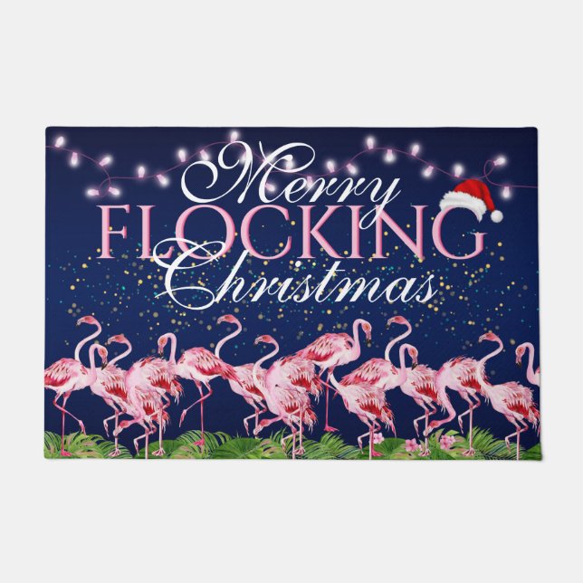 Felpudo Navidades de enclavamiento de cerezos Flamingo ros (Anverso)