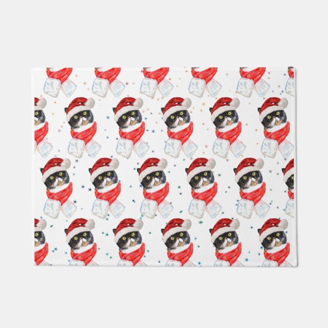 Felpudo Navidades de gato tricolores acuarela con bufanda (Anverso)