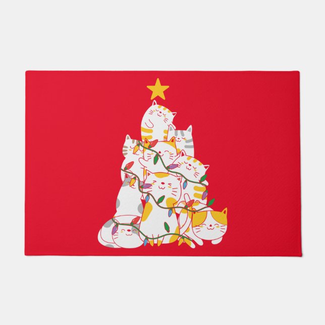 Felpudo Navidades de gatos divertidos en árboles de Navida (Anverso)
