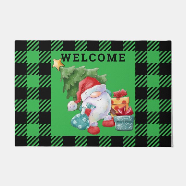 Felpudo Navidades de Green Plaid Gnome Doormat (Anverso)