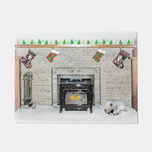 Felpudo Navidades de Keeshond picotean perro con pintura d (Anverso)