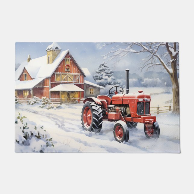 Felpudo Navidades de la antigua granja de invierno Tractor (Anverso)