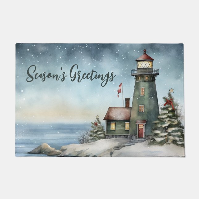 Felpudo Navidades de la temporada de Wintery Lighthouse (Anverso)