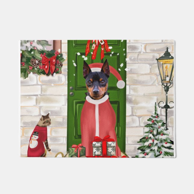 Felpudo Navidades de Perros de Pinscher en miniatura (Anverso)