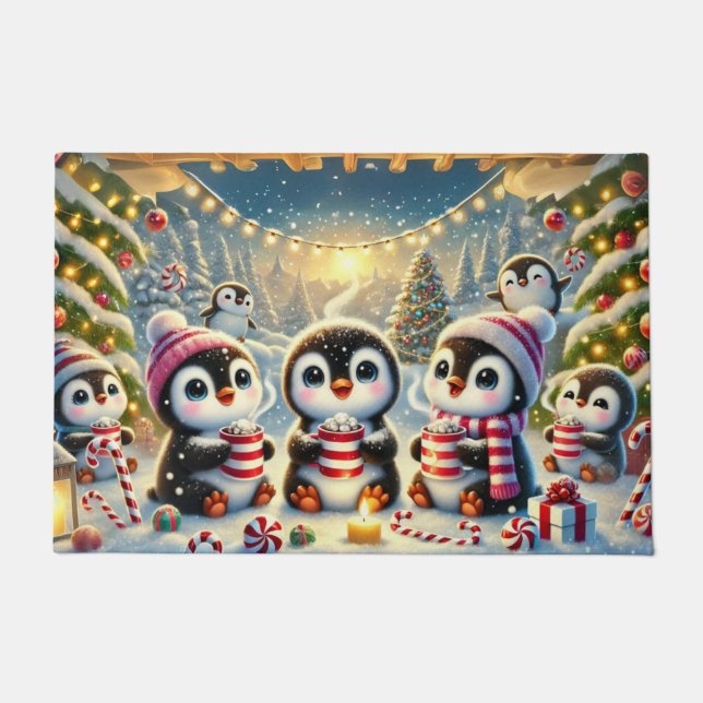 Felpudo Navidades de pingüinos pequeños compartiendo Doorm (Anverso)