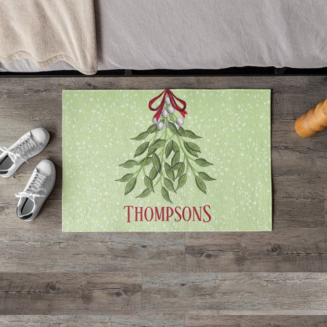 Felpudo Navidades de vacaciones musicales, Personalizado d (Simple mistletoe Christmas custom family doormat)