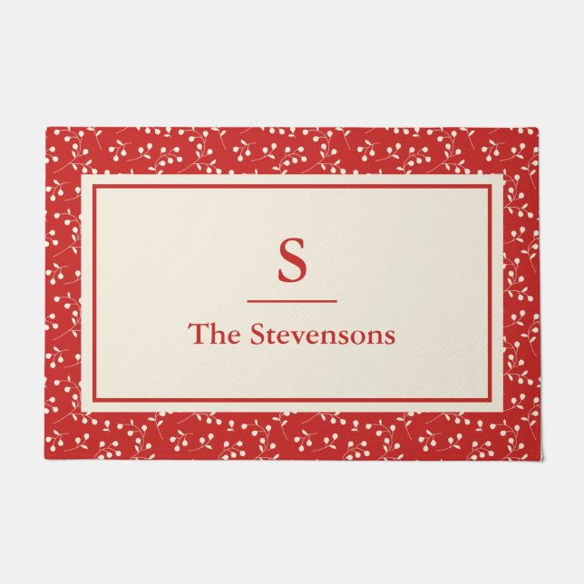 Felpudo Navidades del Monograma Botánico Blanco y Rojo Vin (Anverso)