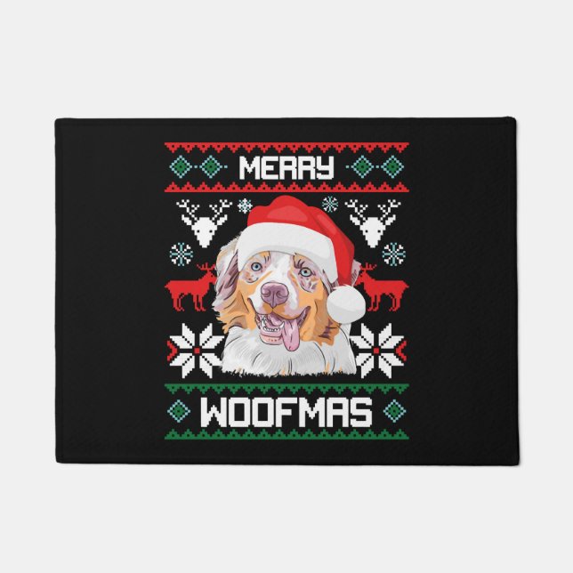 Felpudo Navidades del Pastor Australiano Merry Woofmas (Anverso)