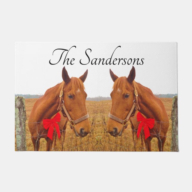 Felpudo Navidades equinos, caballo marrón con Doorma de ar (Anverso)