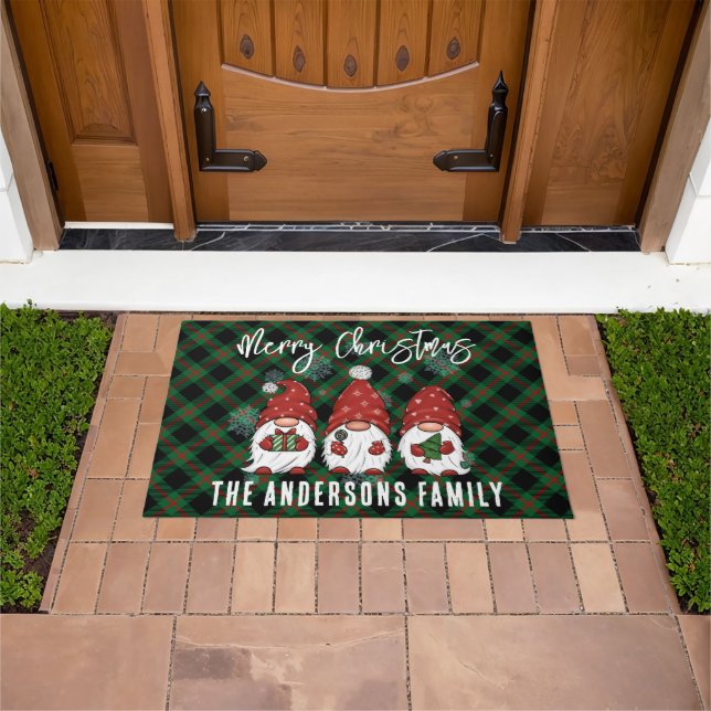 Felpudo Navidades Familia Nórdica Gnomes Green Plaid (Exterior)