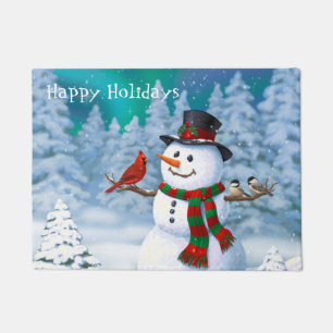 Felpudo Navidades felices Snowman y Birds Winter Scene