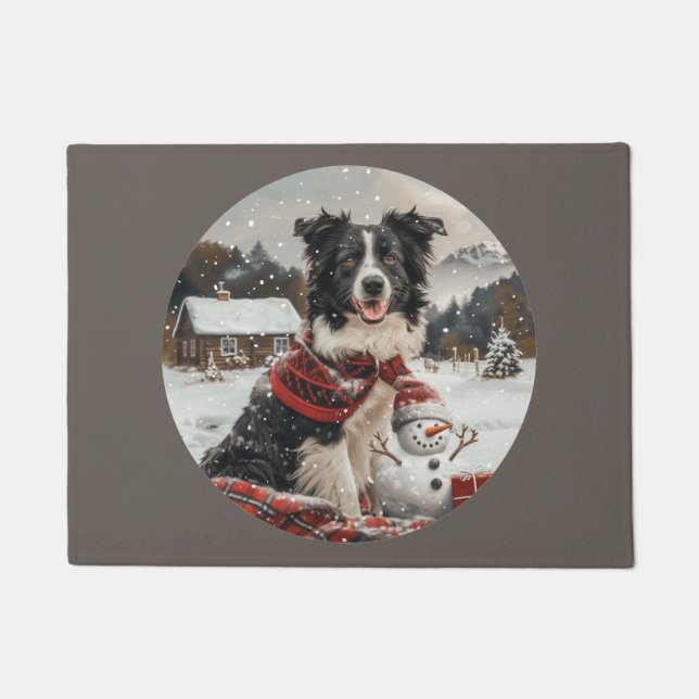 Felpudo Navidades Fronteriza Perro de Collie Snowman (Anverso)