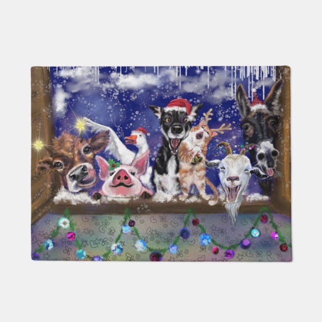 Felpudo Navidades graciosos obsequian a un Fiesta de granj (Anverso)